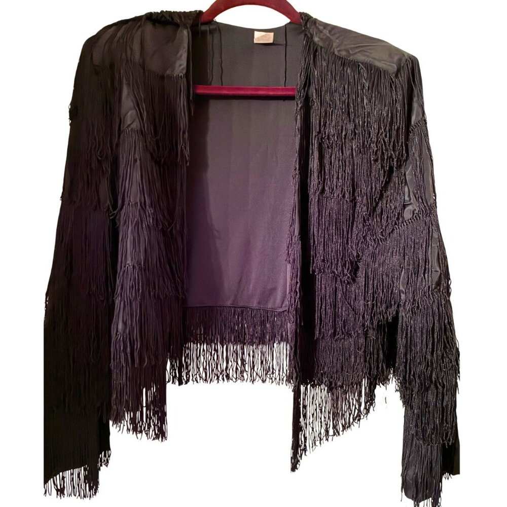 Vintage Y2K Black Satin Fringe Bolero Jacket